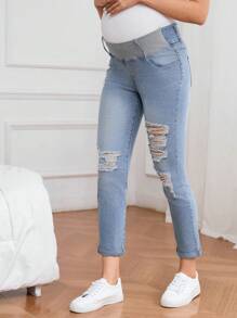 SHEIN Maternity Elastic Washed Distressed Skinny Jeans  Summer Outfits For Women Festival Outfits - Medium Wash - View 5