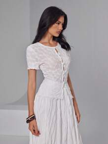 Roylia Blouse à manches courtes texturée en jacquard de mode pour femmes - Blanc - Voir 4