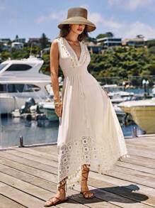 SHEIN VCAY Vestido de mujer con encaje y flecos en el bajo para vacaciones de verano, atuendos de playa para mujer, vacaciones, playa, atuendos de vacaciones para mujer, encaje, vestido con flecos, vestido largo, vestidos casuales - Albaricoque - Ver 4