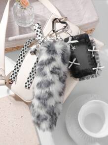 ROMWE Grunge Punk 1 件 Y2K 复古甜美哥特风格灰色毛绒动物豹纹假尾巴，皮革心形蝴蝶结，CCB 星形网纱蕾丝卡包，DIY 钥匙扣包包吊坠，适合上班族、学生和日常穿着，节日礼物，万圣节