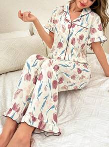 CottageSlumber Romantic Floral Print Chiffon Ruffle Collar Single Breasted Short Sleeve Top & Pants Pajama Set For Women, Spring/Summer - Multicolor - View 5