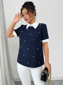 Elenzga Áo sơ mi tay ngắn đính ngọc trai đính đá màu tương phản xuân/hè dành cho nữ - Màu xanh hải quân - Xem 6