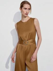 Lumivelle Women's Elegant Summer Camel Sleeveless High Waist Wide Leg Jumpsuit,Office Slim Fit One-Piece Outfit,Lightweight Waist Cinching Metal Decor Design - Mustard Yellow - View 4