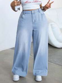 SHEIN EZwear 大码休闲修身直筒蓝色牛仔裤，蓝色，适合派对、节日、约会、情人节、下午茶、夏季/夏季服装/夏季服装，全年，适合春夏季假期，适合夏季，蓝色夏季，女士度假服装，复活节，春季，西方，女士办公室服装，狂欢服装，婴儿送礼会礼服，Cottagecore，女士乡村服装，别致，女士优雅连衣裙，沙滩裙，毕业礼服，度假礼服，复活节礼服，太阳裙 - 藍色 - 查看 3