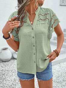 SHEIN LUNE Bluză cu guler cu decupaj brodat, de culoare solidă, de vacanță - Verde - Vizualizare 4