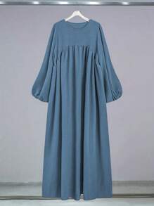 Al Najma 纯色圆领灯笼袖百褶时尚阿拉伯风格连衣裙，端庄大方 - 藍色 - 查看 1