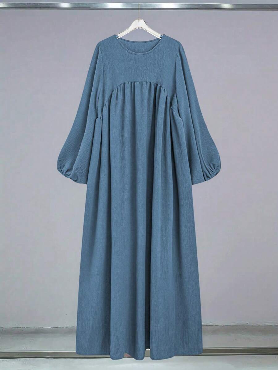 Al Najma 纯色圆领灯笼袖百褶时尚阿拉伯风格连衣裙，端庄大方 - 藍色 - 查看 1