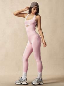VARSIVA Contrast Color Trim Hollow Out Neckline Seamless Jumpsuit Sports Pants - Pink - View 6
