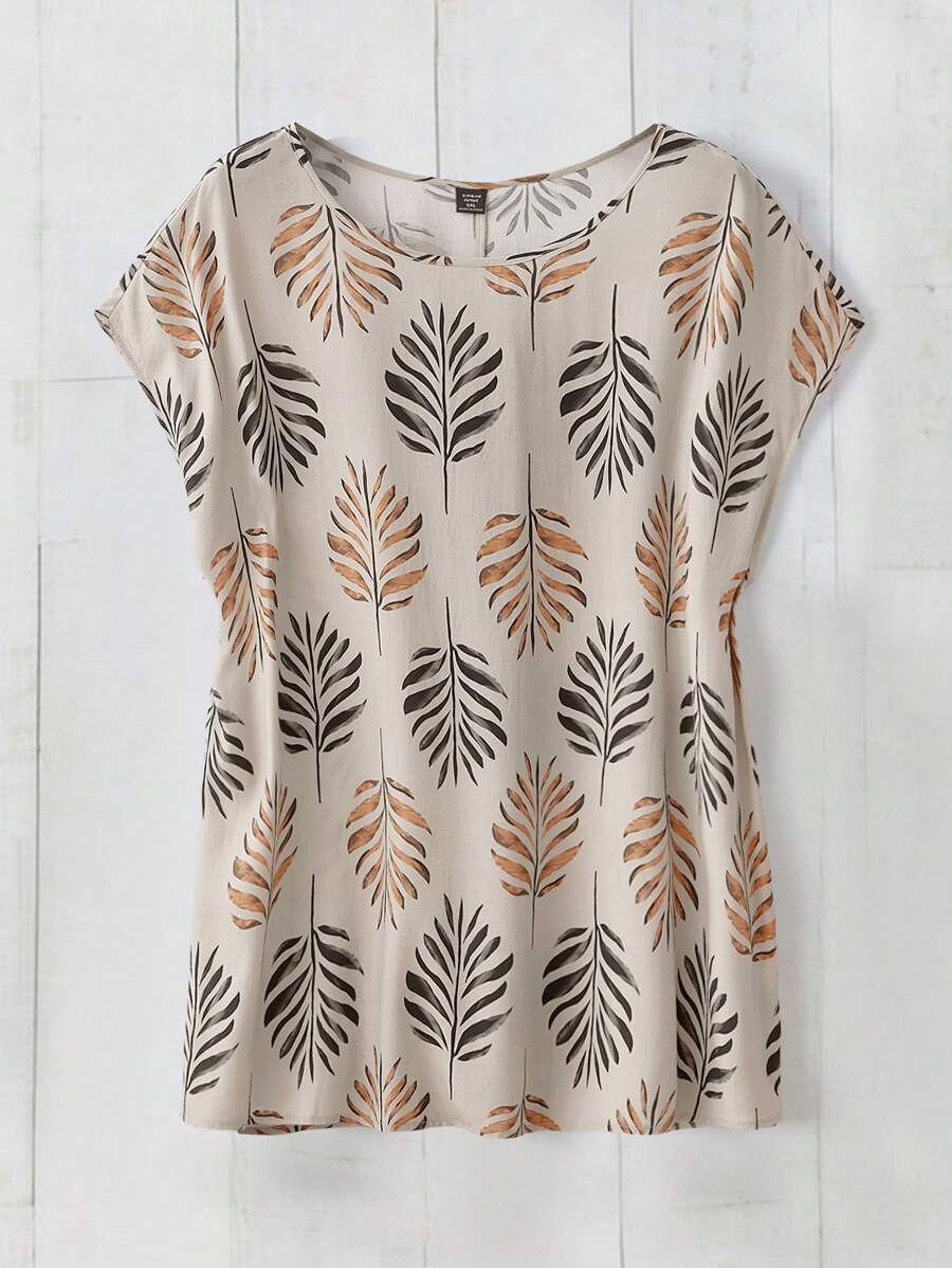 EMERY ROSE Women's Raglan Sleeves Foliage Plant Print Round Neck Country Retro Holiday Plus Size Tunic Tops Dressy Blouses Suitable For Spring And Summer Loose Fit - Multicolor - View 1