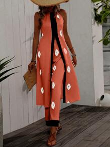 Breezaya Random Geometric Print Women Vacation Halter Neck 2pcs Sets Top & Pants - Orange - View 6