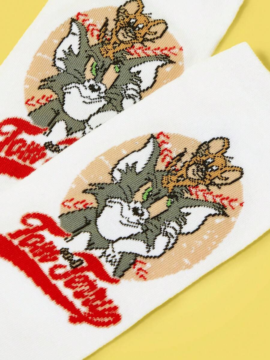 TOM & JERRY X SHEIN 1 Pasang Kaos Kaki Pendek Wanita Nyaman dan Lembut dengan Motif Kucing Kartun - Putih - View 1