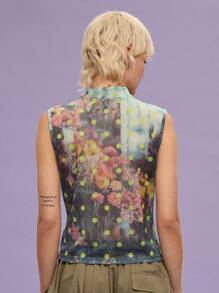 COUREZ Loose Fit Sheer Mesh Flower Polka Dot Print High Neck Top / Clothes Spring Clothes Y2K Cute Tops Going Out Tops Going Out Outfits Graphic Tees - Yellow - View 3