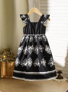 Baby / Toddler Girl Ruffled Strap Black & White Dress, Suitable For Spring, Summer Vacations And Outdoor Play - Black - View 1