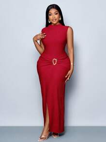 SOLERSUN 女士优雅纯色无袖立领扭花连衣裙，适合圣诞派对度假和约会和情人节约会 - 紅色 - 查看 2