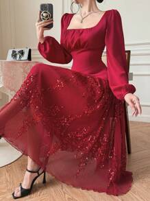 DAZY Đầm midi tay phồng phối nhiều mảnh thanh lịch, thích hợp cho tiệc cưới mùa xuân, đầm tay dài mùa thu, đầm đỏ sang trọng dành cho nữ, đầm dạ hội, đầm lấp lánh đính sequin Giáng sinh. - Màu Đỏ Sâu - Xem 1