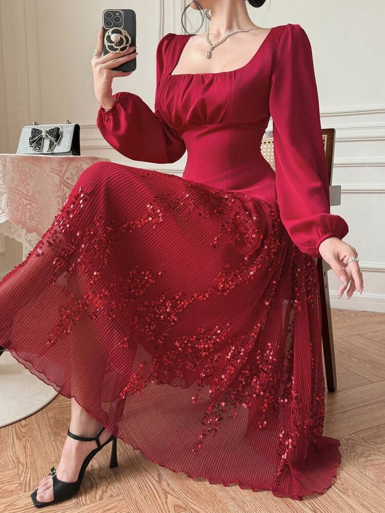 Elegant Puff Sleeve Patchwork Midi Dress For Spring Wedding Party Guest,Fall Dress Long Sleeve Dress Luxury Red Women Dresses Prom Dress Sequin Christmas Sparkly Dress Floral Dresses For Women