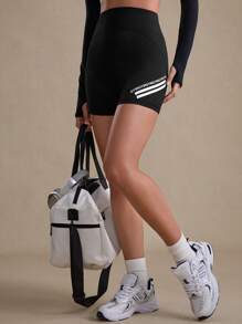 SHEIN Sports 女式高腰瑜伽短裤，紧身运动打底裤，提臀，性感健身跑步休闲户外通勤，舒适腰带带标志，短裤骑行短裤 - 黑色 - 查看 7