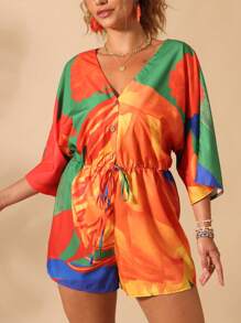 SHEIN Clasi Plus Size Dam V-ringad Träknapp Vatten Print Jumpsuit - Multifärgad - Visa 4