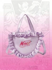 Winx Club X ROMWE Women's Letter Embroidery Ruffle Trim Heart-Shaped Shoulder Bag - Hot Pink - View 3