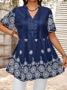 EMERY ROSE Damen Bluse in Große Größen mit Blume Muster, V-Ausschnitt und Kurzarm, Lässig - Weiss - Übersicht 7