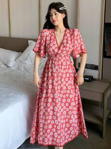 DAZY 花卉印花 V 领束腰超长女式睡袍，度假风格睡衣 - 紅色 - 查看 1