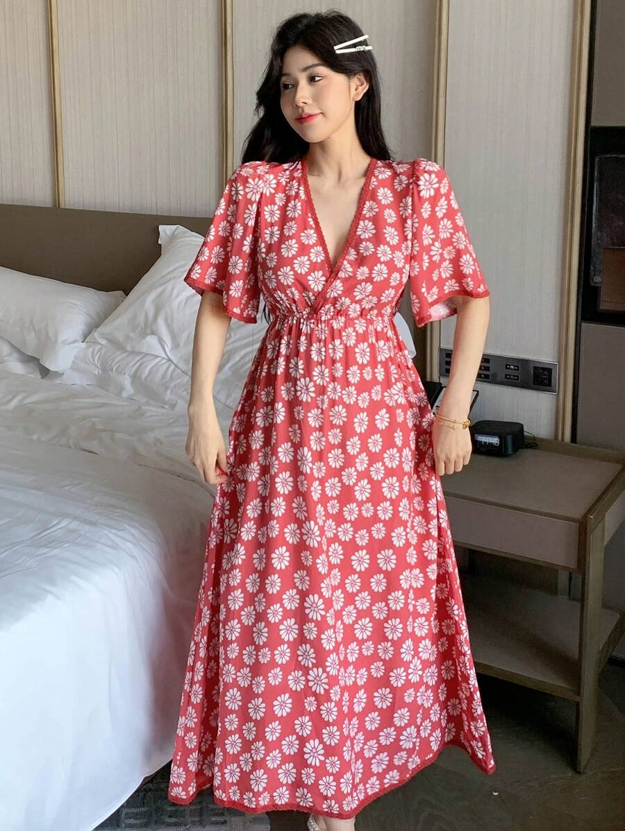 DAZY 花卉印花 V 领束腰超长女式睡袍，度假风格睡衣 - 紅色 - 查看 1
