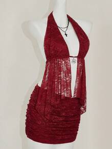 SHEIN ICON 2pcs Going Out Summer Red Flowy Women Set: Lace Trim Racerback Camisole Tank Top + Mini Skirt With Slit - Burgundy - View 8