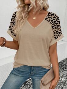 SHEIN VCAY New Women Fashion Leopard Print V-Neck Short Sleeve T-Shirt