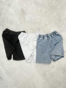 SHEIN 3 Stücke Set für Baby-Jungen, Sommer, Vintage, Distressed, Street, cooler Stil, lässig, für jeden Tag, blau, weiß und schwarz, Denim, Baumwolle, elastischer Bund, lockere Passform, Baggy-Jeans, kurzes Set, für Baby-Schulanfangskleidung und Streetwear-Outfits
