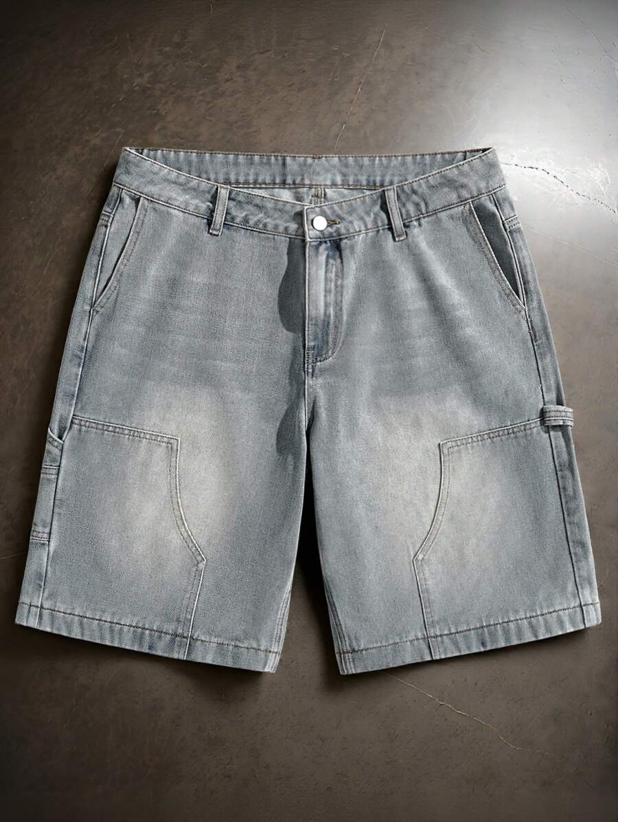 Forever 21 男士时尚百搭带口袋牛仔短裤，外出纯色宽松浅蓝色牛仔短裤，适合丈夫、男朋友的礼物 - 淺色水洗藍 - 查看 1