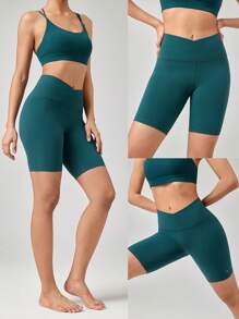 GLOWMODE 8" FeatherFit™ Crossover Biker Shorts Cycling Running Gym Workout - Dark Green - View 8