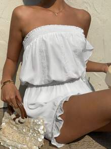 SHEIN EZwear Women's Vacation Leisure Solid Color Lace Trim Ruffle Hem Romper - White - View 6