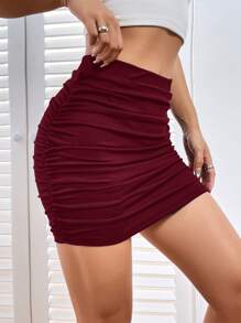 SHEIN Essnce Váy bó xếp ly nhún bèo màu trơn mùa hè cho nữ - Màu Đỏ Sâu - Xem 3