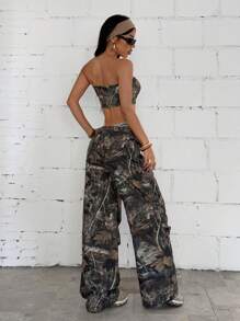 StreetHx 2pcs Women Vintage Leaf Print Bandeau Top And Casual Long Pants Set, Autumn - Black - View 2