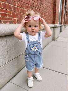 Baby Girls Denim Overalls With Rainbow Star Embroidery, Loose Fit Comfortable Washed Denim Bib Pants - Medium Wash - View 3