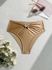 Swim SXY 1pc High-Waisted Solid Shiny Fabric Sexy Shell Metal Decor Women Swimsuit Bikini Bottom For Summer Beach Vacation - Brown - View 2
