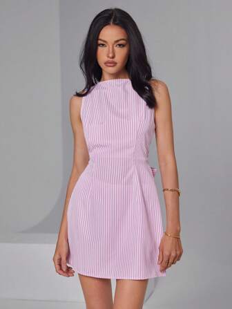 Roylia 无袖/喇叭下摆/上装合身下装宽松/洋红条纹/清新浪漫/年轻淑女连衣裙