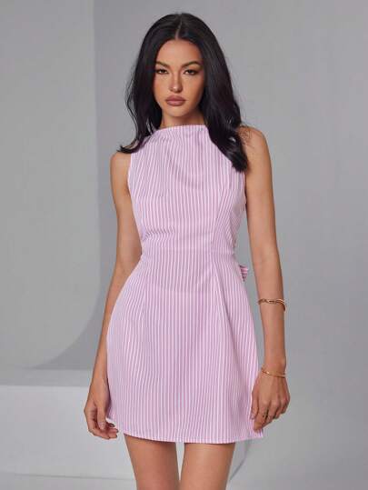 Roylia 无袖/喇叭下摆/上装合身下装宽松/洋红条纹/清新浪漫/年轻淑女连衣裙