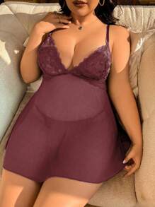 SHEIN Seduluxe 2 Stücke Set: Große Größen Spitze-Kontrast Mesh sexy Slip-Kleid + String-Tanga