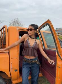 SHEIN EZwear Western Music Festival Boho Brown Embroidered Knit Halter Neck Blouse For Women - Coffee Brown - View 3