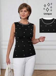 SHEIN LUNE Spring & Summer Casual Beaded Basic Sleeveless Sweater For Women - Black - View 1