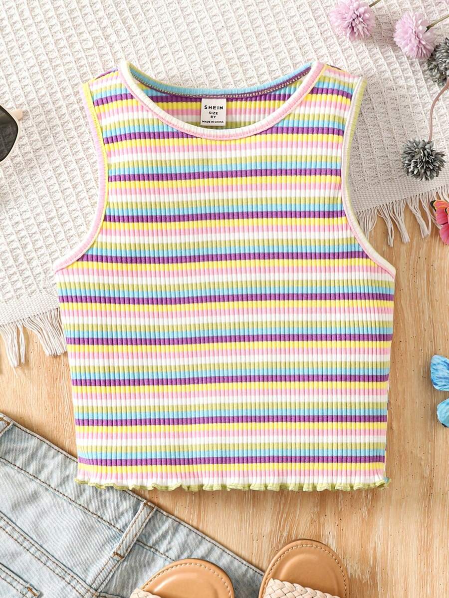 SHEIN Tween 女童彩色条纹针织圆领休闲/度假背心 - 橄欖綠 - 查看 1