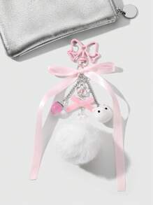 ROMWE Kawaii 1 件可爱美观蝴蝶结绒球草莓植绒猫头钥匙扣，适合女孩和女士的时尚配饰礼物，适合日常穿着和节日 - 粉色 - 查看 2