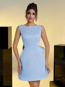 Lovelzi Abito da sera elegante e romantico in raso di lusso, con decorazione di catena di perle sintetiche e fiocco, schiena scoperta, aderente sulla parte superiore e ampio sulla parte inferiore, adatto per feste, balli, appuntamenti, matrimoni, come abito da cocktail o per ospiti di matrimoni