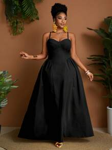 Maweii Plus Size Solid Color Spaghetti Strap Simple Dress, Fashionable For Summer - Black - View 5