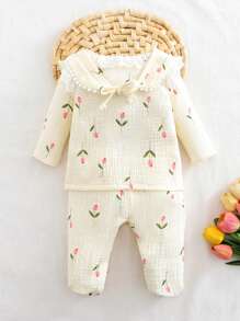 SHEIN 女婴休闲纯粉色长袖连体衣带帽子和围兜套装假日旅行休闲夏装衣服套装婴儿春装衣服婴儿服装套装 - 杏色 - 查看 2