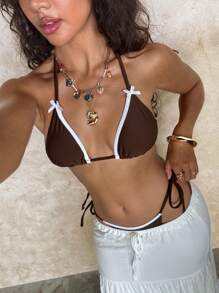 Bow Tied Cute Vacation Halter Bikini Set For Summer - Multicolor - View 5