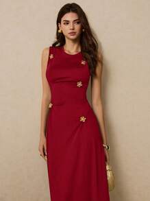 Poéselle Women 3D Flower Decor Crew Neck Sleeveless Bodycon Dress