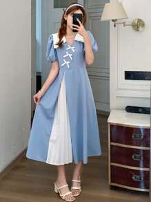 SHEIN Vestido de manga corta media y larga para niñas adolescentes, de color azul y blanco liso, elegante y dulce, con contraste de color, cuello cuadrado grande, encaje de empalme, pequeña decoración en V, lazo, cintura y dobladillo, plisado de color contrastante, elegante y brillante, adecuado para verano, fiesta, viajes, trabajo. - Azul y blanco - Ver 3