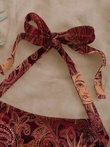 SHEIN WYWH Áo hở lưng dệt kim họa tiết Paisley in toàn bộ họa tiết Golden Sun God dành cho nữ, phù hợp cho mùa hè - Màu Đỏ Sâu - Xem 7